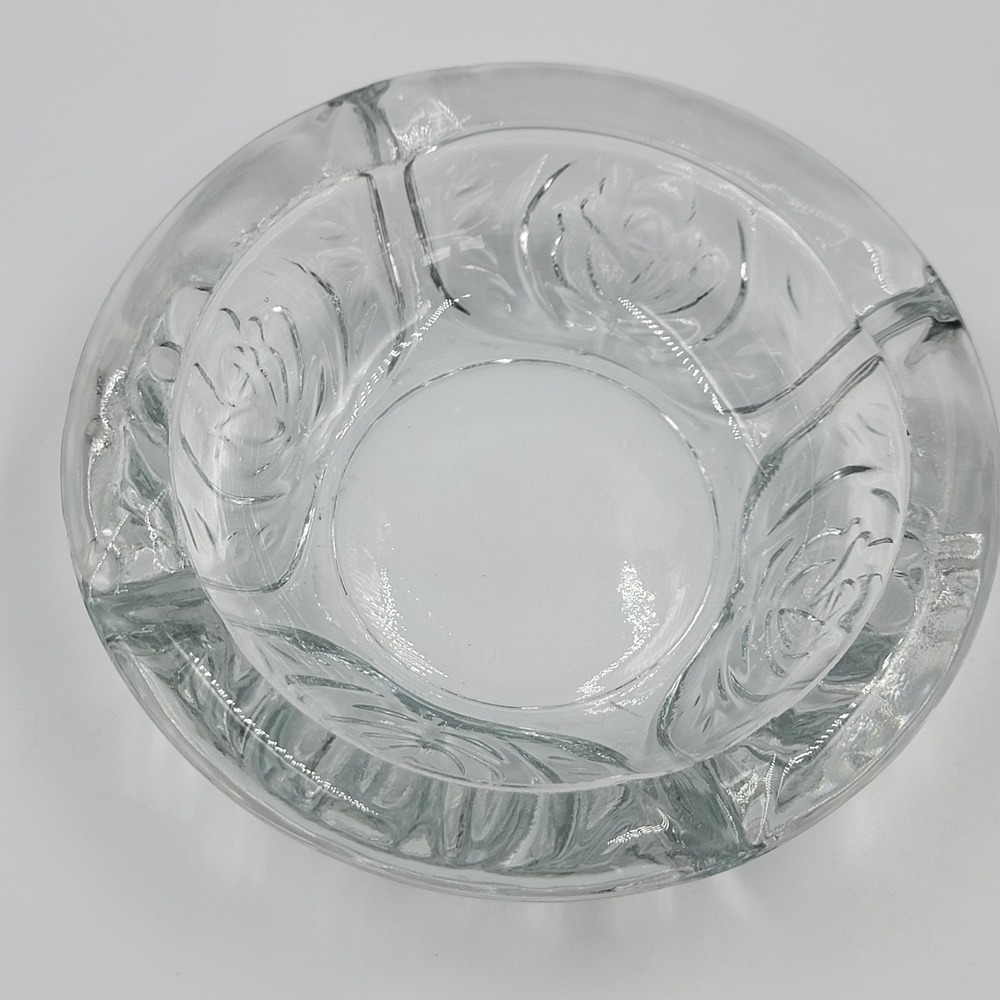 Vintage 5.5" Glass Ashtray KIG Indonesia Pressed Clear Glass Rose‎ Pattern VTG